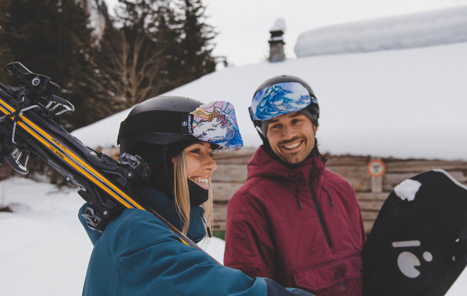 a skier and snowboarder on the mountain in the snow wearing a gogglesoc goggle cover to protect their goggles