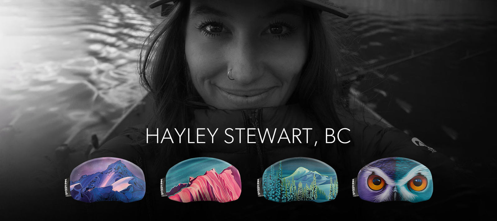 Hayley Stewart smiling behind four goggle cover designs in gogglesocs local artist series